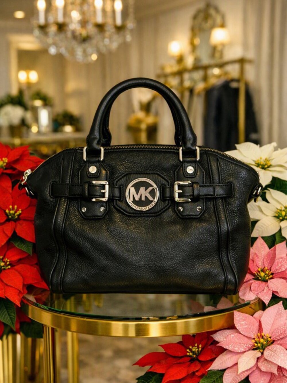 Michael Kors Black Pebbled Leather Satchel w/ Gold ton MK Logo – Excellent Condi